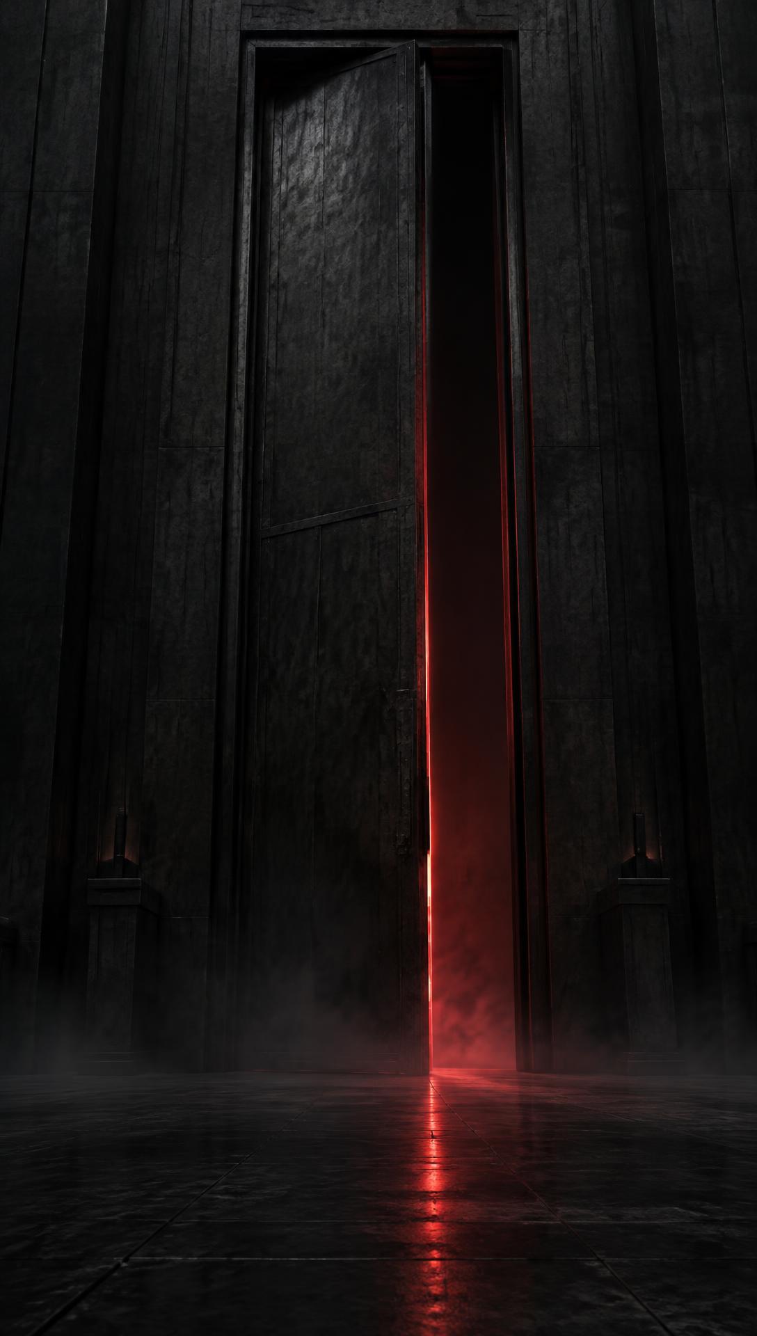 A towering black door with red light escaping from behind it